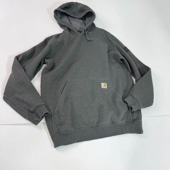 Carhartt Hoodie Mens Medium Gray Loose Fit Flag Logo Pullover Sweatshirt - Picture 1 of 9